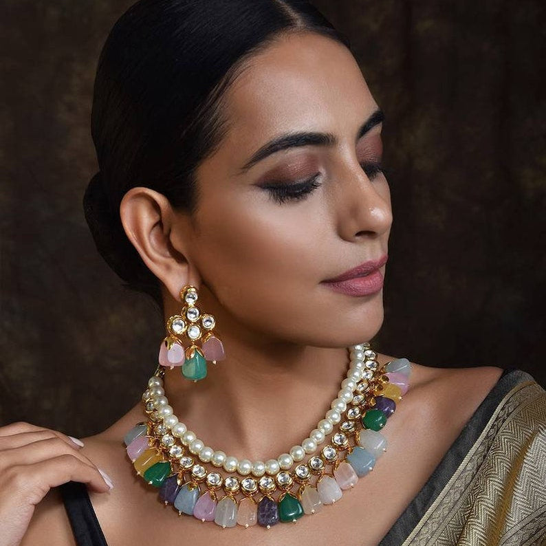 Faux Kundan Clear Pearl Choker set Earring Indian jewelry set