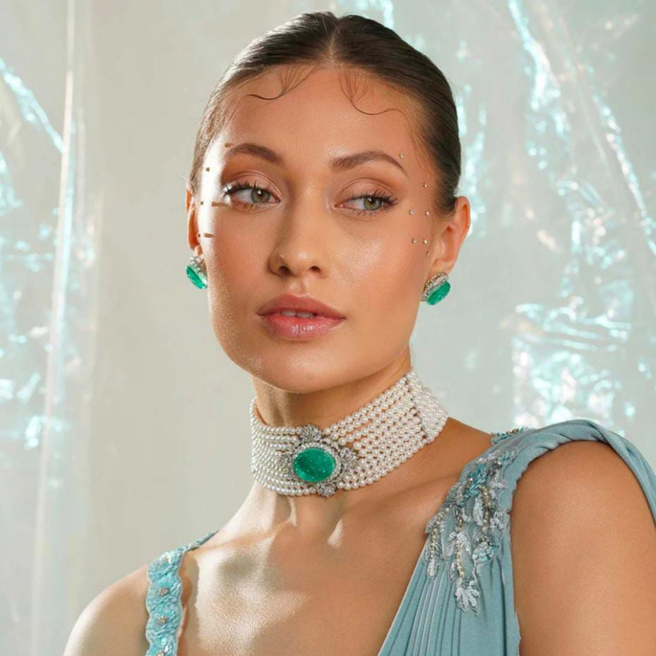 Handcrafted CZ Pearl Choker Necklace Set, Diamond Look Bridal Jewelry