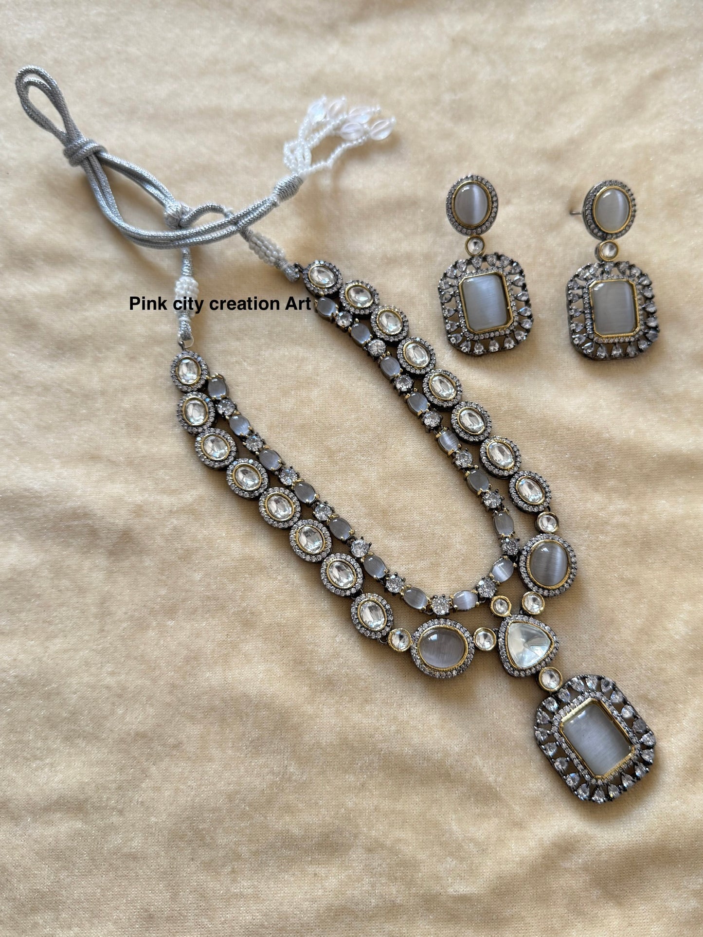 AD Polki Double Layer Grey Colour Necklace