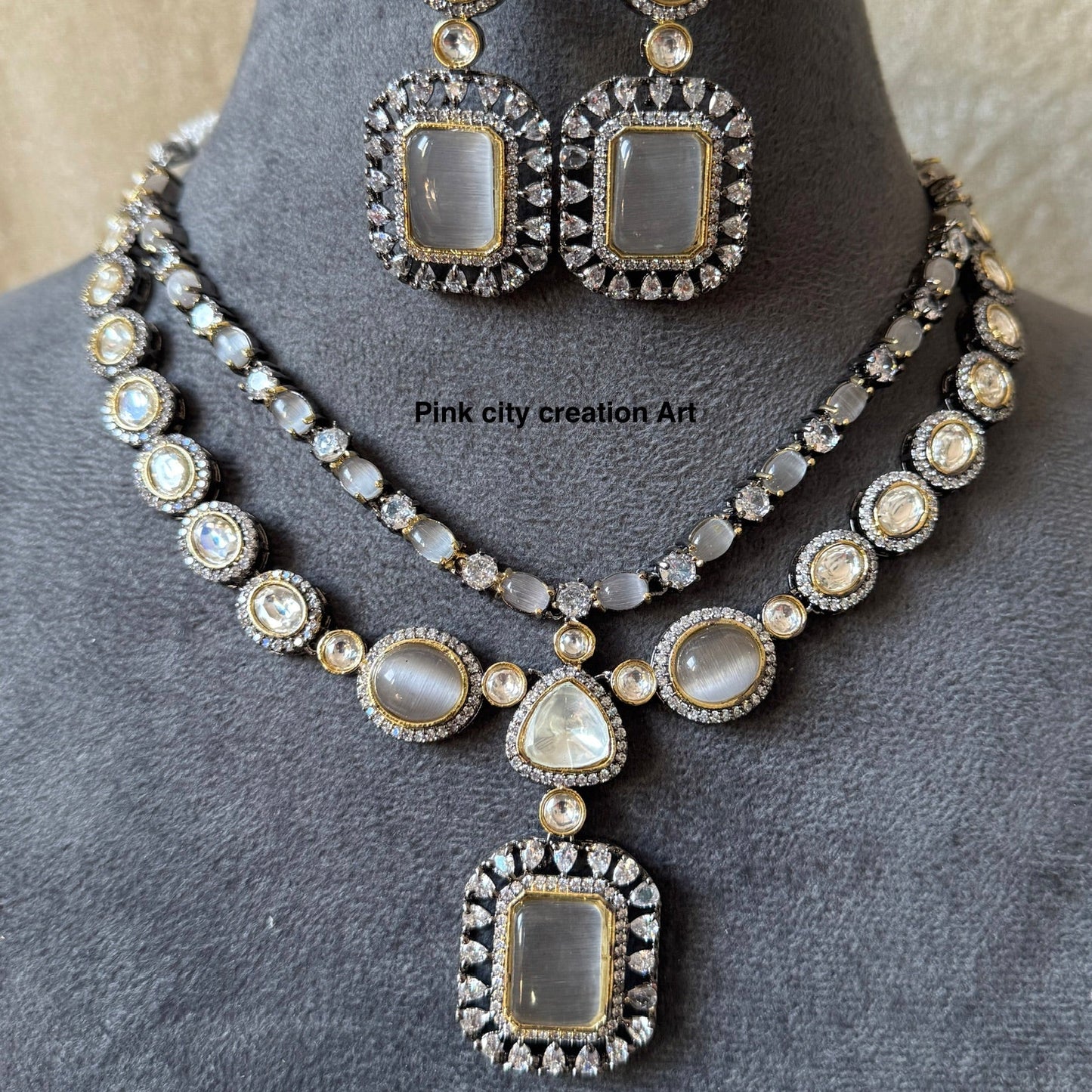 AD Polki Double Layer Grey Colour Necklace