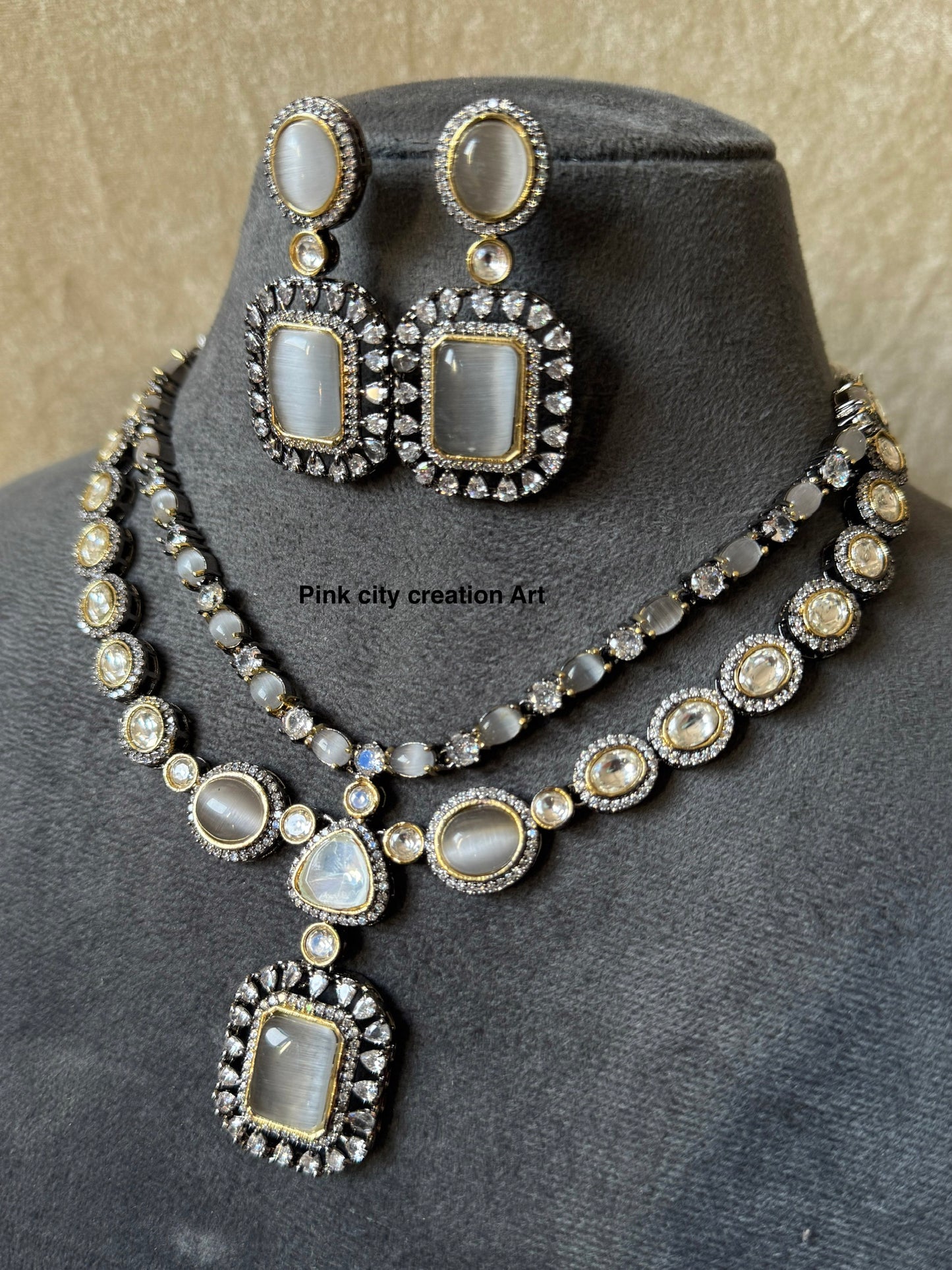 AD Polki Double Layer Grey Colour Necklace