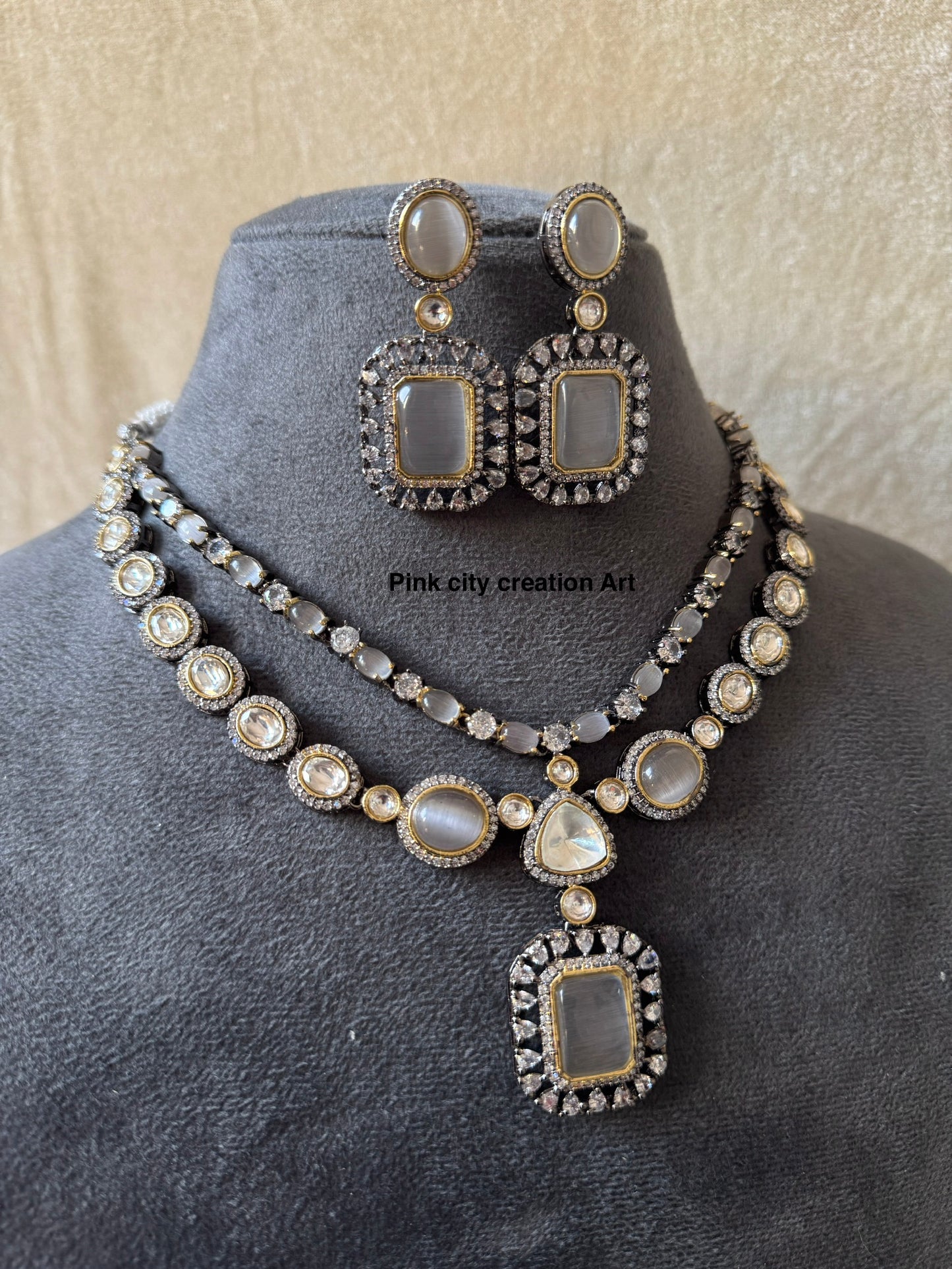 AD Polki Double Layer Grey Colour Necklace